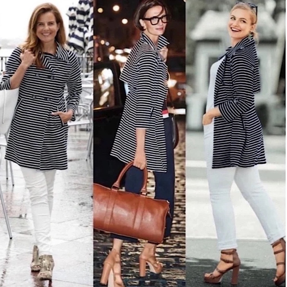 Cabi Navy White Striped Double Breasted Knit Coat Jacket Medium Nautical Raglan